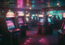 Hileras de máquinas recreativas iluminadas con carteles de neón en un salón arcade nocturno