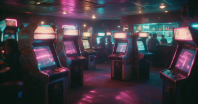 Hileras de máquinas recreativas iluminadas con carteles de neón en un salón arcade nocturno