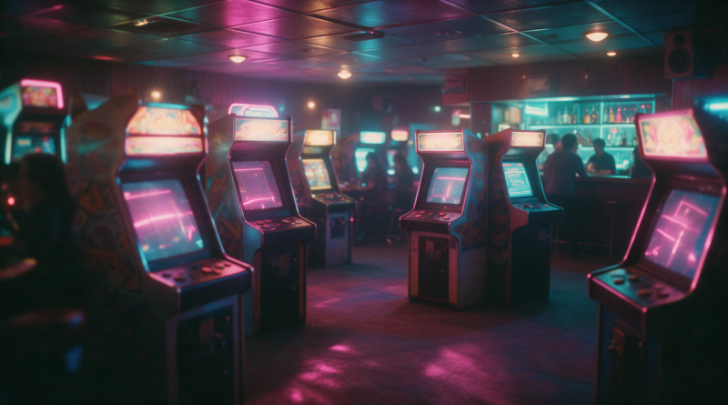 Hileras de máquinas recreativas iluminadas con carteles de neón en un salón arcade nocturno