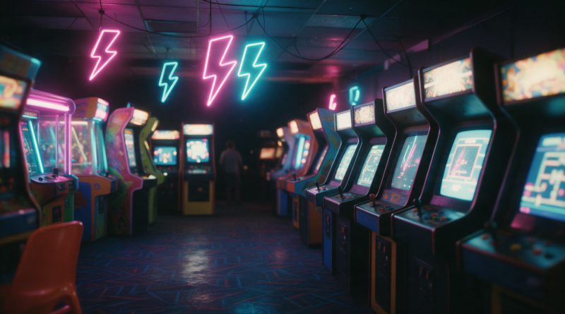 Hileras de máquinas recreativas iluminadas con carteles de neón en un salón arcade nocturno