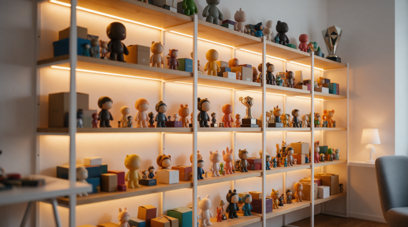 Estantería iluminada con figuras de vinilo, cajas de colores y pequeños trofeos