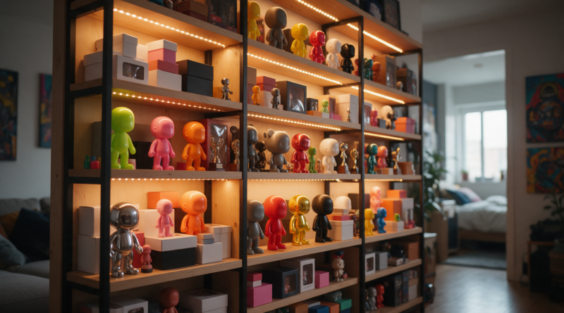 Estantería iluminada con figuras de vinilo, cajas de colores y pequeños trofeos