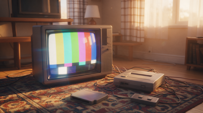 Consola de videojuegos antigua, cartucho y mando frente a un televisor de tubo encendido