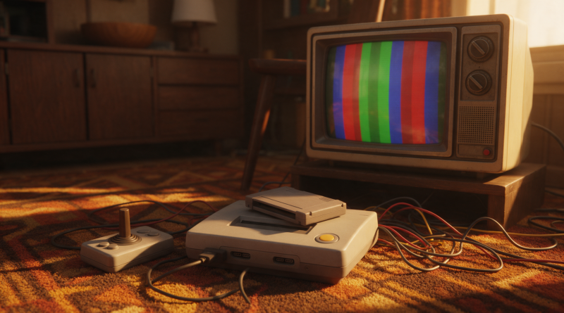Consola de videojuegos antigua, cartucho y mando frente a un televisor de tubo encendido