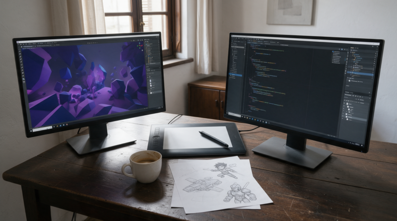 Escritorio con monitores mostrando un editor tridimensional, tableta gráfica y bocetos en papel