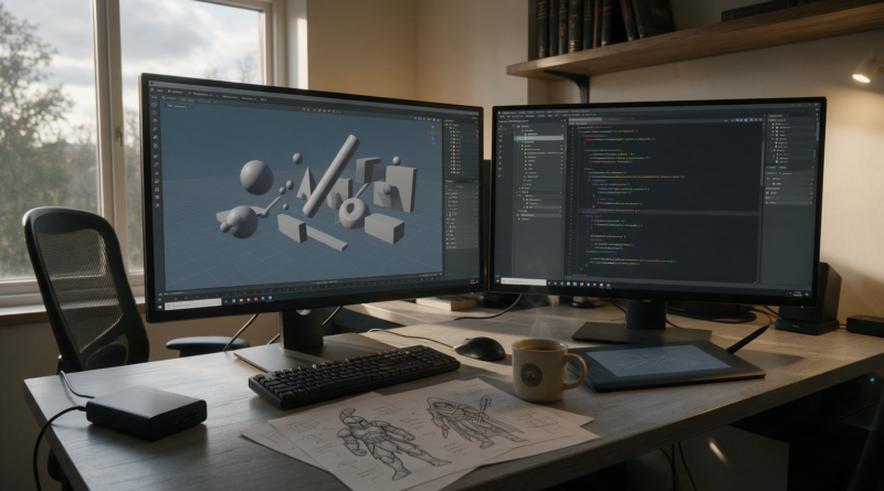 Escritorio con monitores mostrando un editor tridimensional, tableta gráfica y bocetos en papel