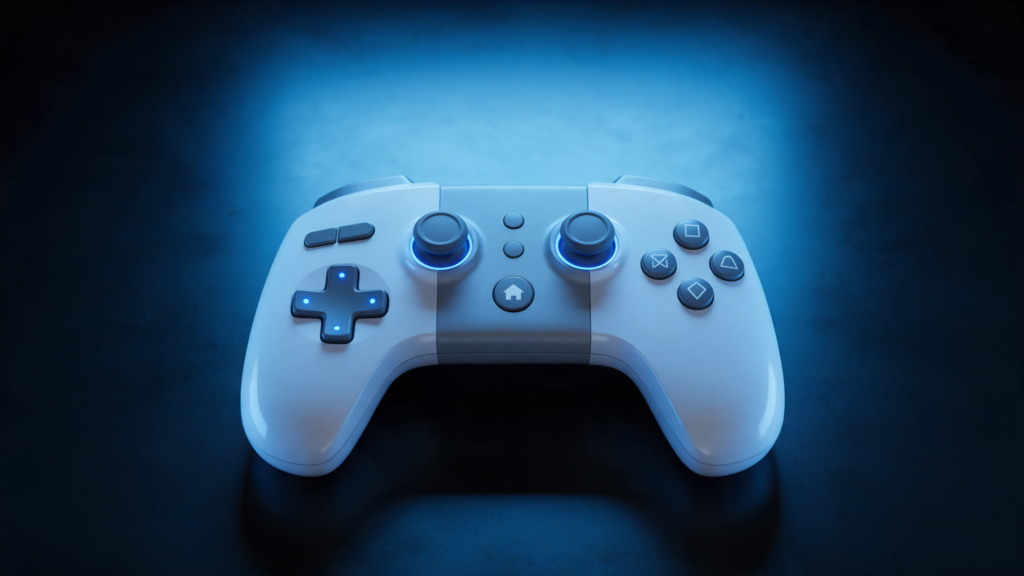 Mando de videojuegos moderno sobre una superficie oscura iluminado con luz azul
