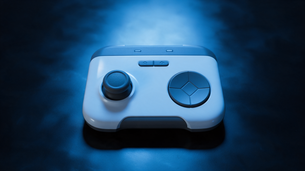Mando de videojuegos moderno sobre una superficie oscura iluminado con luz azul