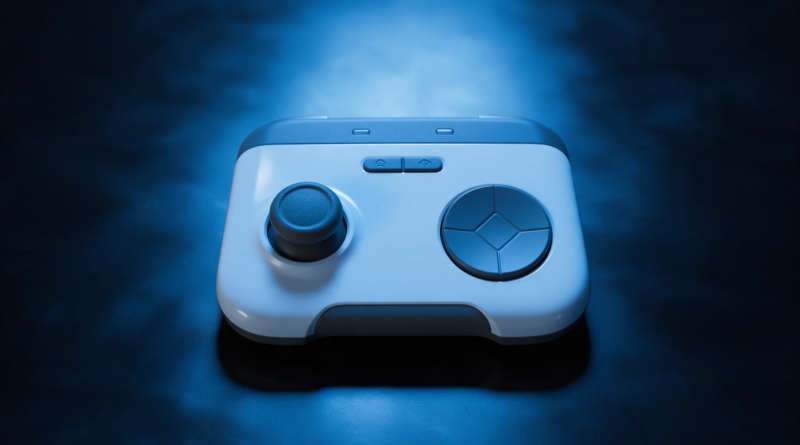 Mando de videojuegos moderno sobre una superficie oscura iluminado con luz azul