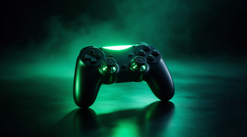 Mando de videojuegos negro iluminado con luz verde sobre fondo oscuro