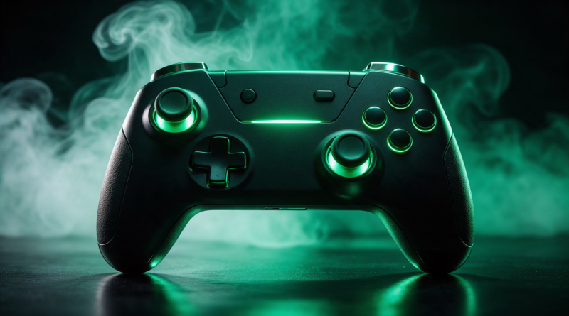 Mando de videojuegos negro iluminado con luz verde sobre fondo oscuro