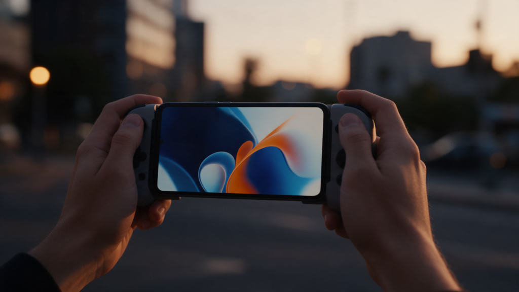 Manos sujetando un teléfono móvil en horizontal con un mando supletorio acoplado