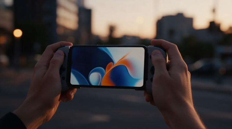 Manos sujetando un teléfono móvil en horizontal con un mando supletorio acoplado