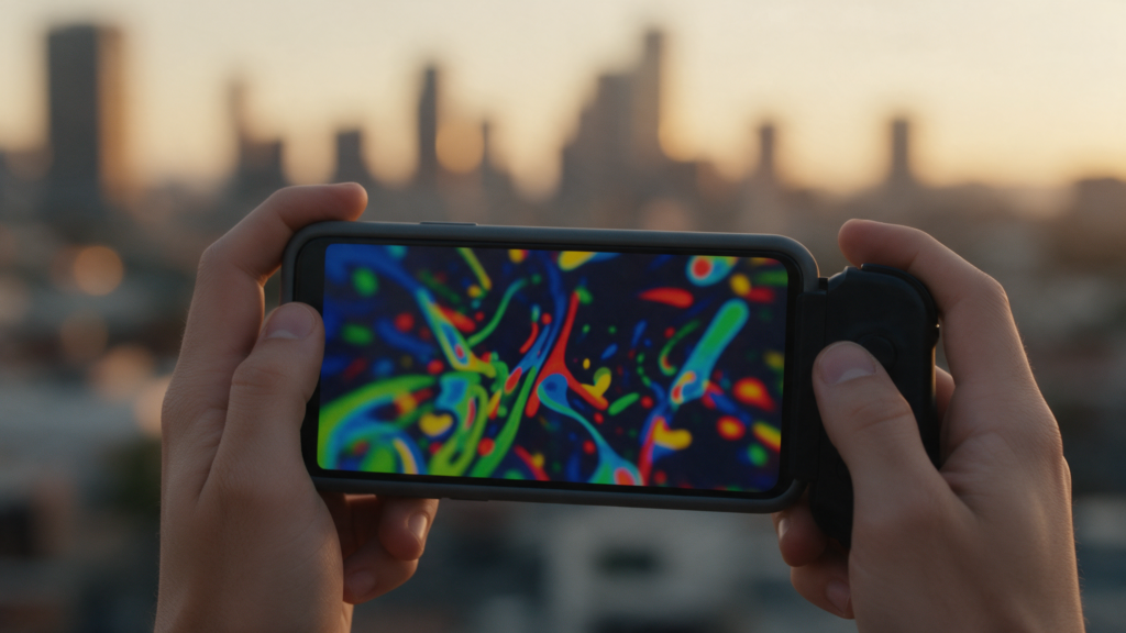 Manos sujetando un teléfono móvil en horizontal con un mando supletorio acoplado