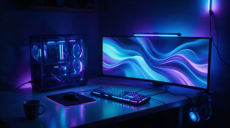 Escritorio con torre de PC iluminada, teclado mecánico y monitor panorámico en una habitación a oscuras
