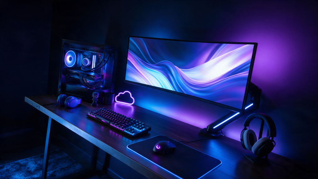 Escritorio con torre de PC iluminada, teclado mecánico y monitor panorámico en una habitación a oscuras