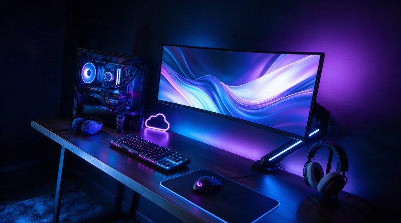 Escritorio con torre de PC iluminada, teclado mecánico y monitor panorámico en una habitación a oscuras