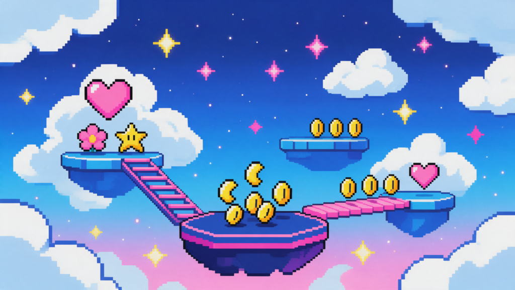 Plataformas, monedas y nubes de estilo pixelado de dieciséis bits sobre un fondo degradado