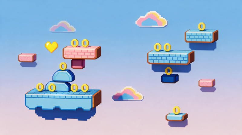 Plataformas, monedas y nubes de estilo pixelado de dieciséis bits sobre un fondo degradado