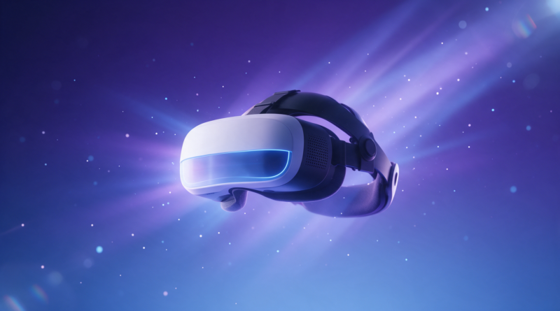 Casco de realidad virtual sobre un fondo degradado violeta con haces de luz