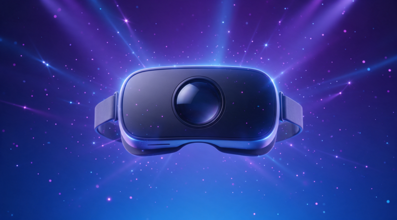 Casco de realidad virtual sobre un fondo degradado violeta con haces de luz